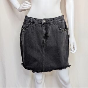 Black Denim Mini Skirt With Silver Color Metal Rivets & Loop Detail Pockets